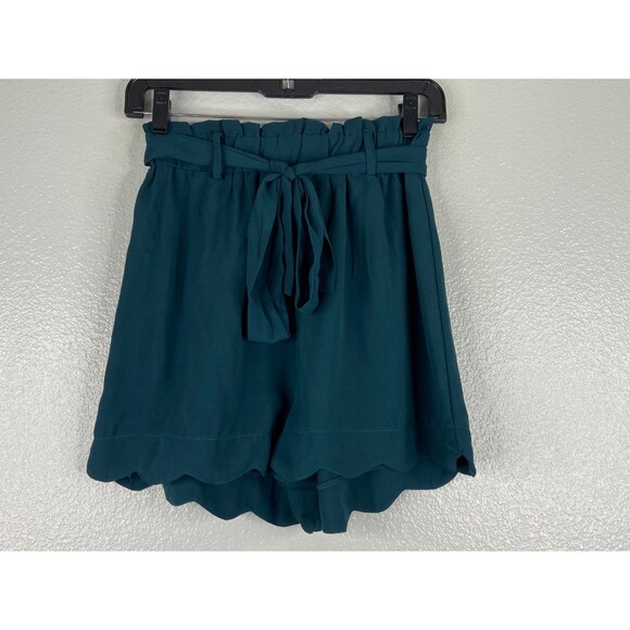 L Love Pants - L Love Women Small Green Shorts Tie Waist Scalloped Hem Lightweight Casual